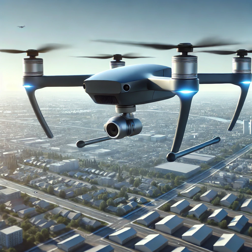 DALL·E 2024-12-26 10.00.30 – An illustration of a modern drone flying in the sky. The drone has four propellers and a sleek design, hovering above a city with a clear sky in the b