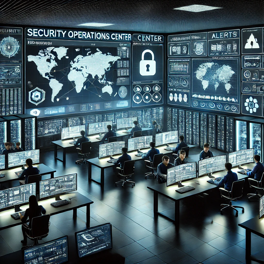 DALL·E 2024-12-31 23.56.03 – A detailed illustration of a Security Operations Center (SOC). The image shows a high-tech room with multiple large monitors displaying security data,