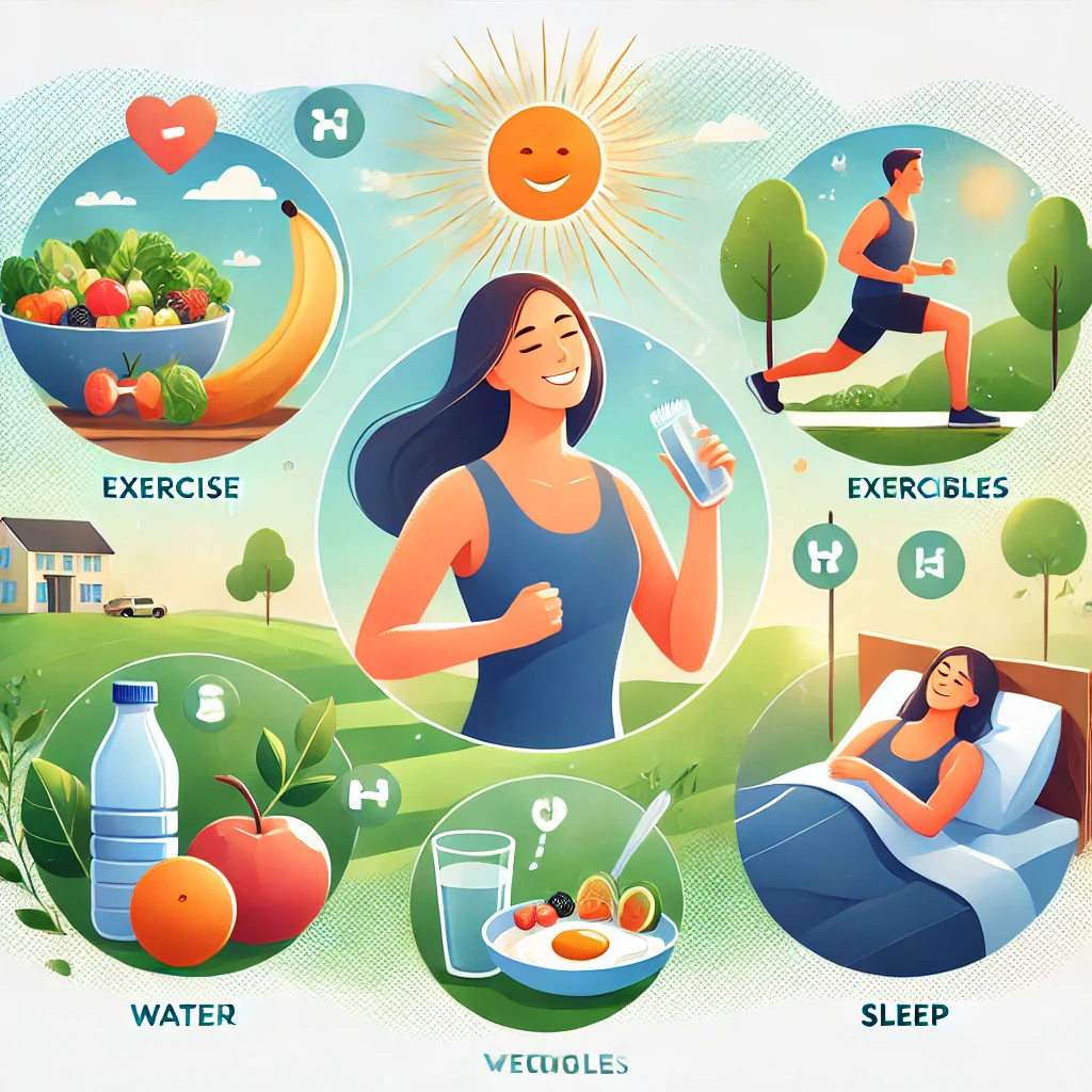 Pola Hidup Sehat: Kunci Menuju Kehidupan yang Lebih Bahagia dan Seimbang DALL·E 2025-01-01 00.34.01 – An illustration showing a healthy lifestyle. The image includes a person engaging in various healthy activities such as exercising, eating a balanced