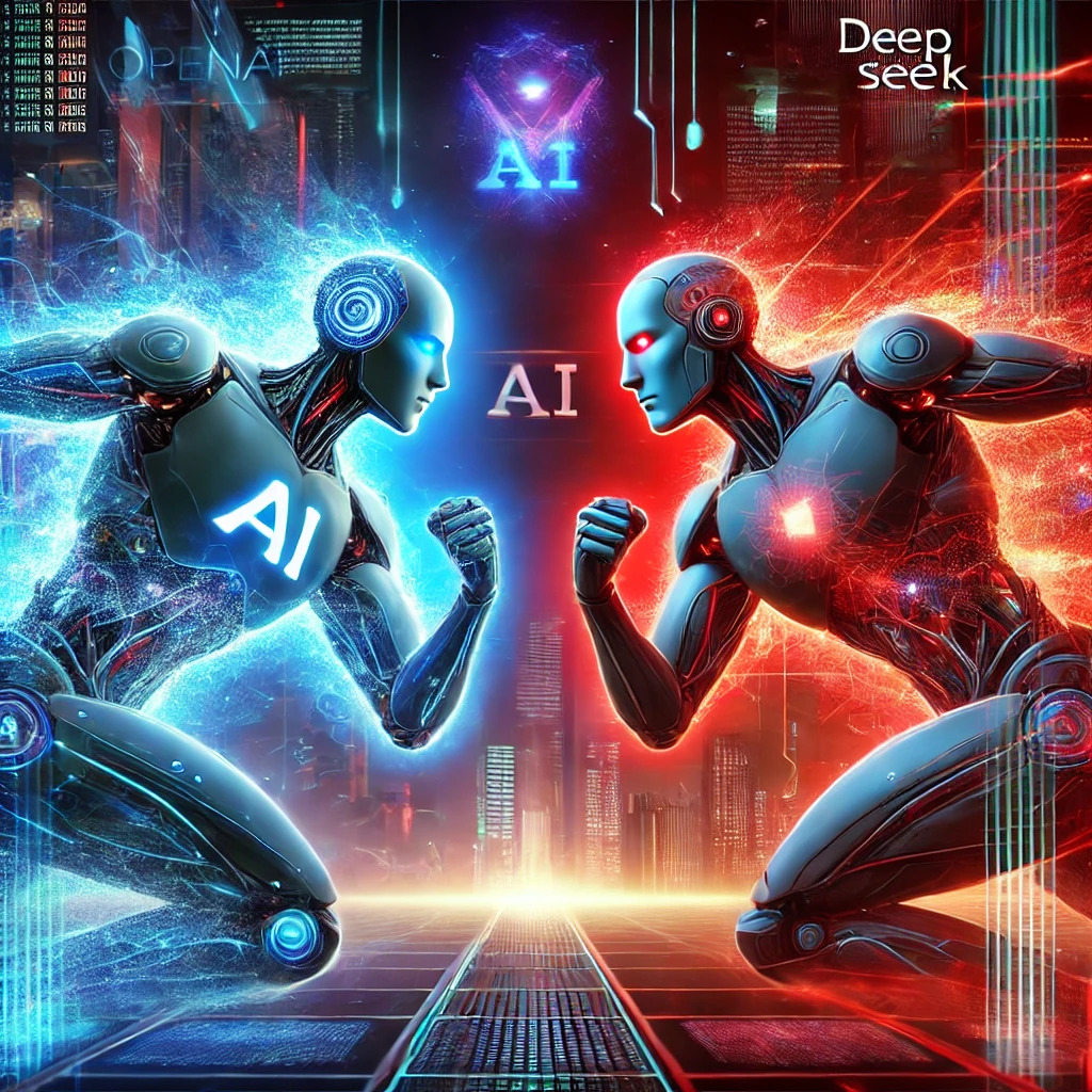 DALL·E 2025-01-29 13.36.49 – A dynamic digital illustration depicting OpenAI and DeepSeek as futuristic AI entities in a friendly competition. OpenAI is represented as a sleek, gl
