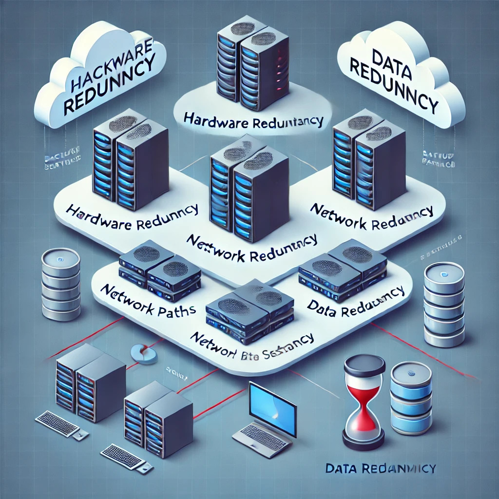 Sistem Redundansi Sebagai Solusi dan Jaminan Ketersediaan Layanan DALL·E 2025-01-29 17.37.26 – A simple and clear illustration representing a redundancy system for IT services, showing multiple servers (hardware redundancy), network paths (netwo