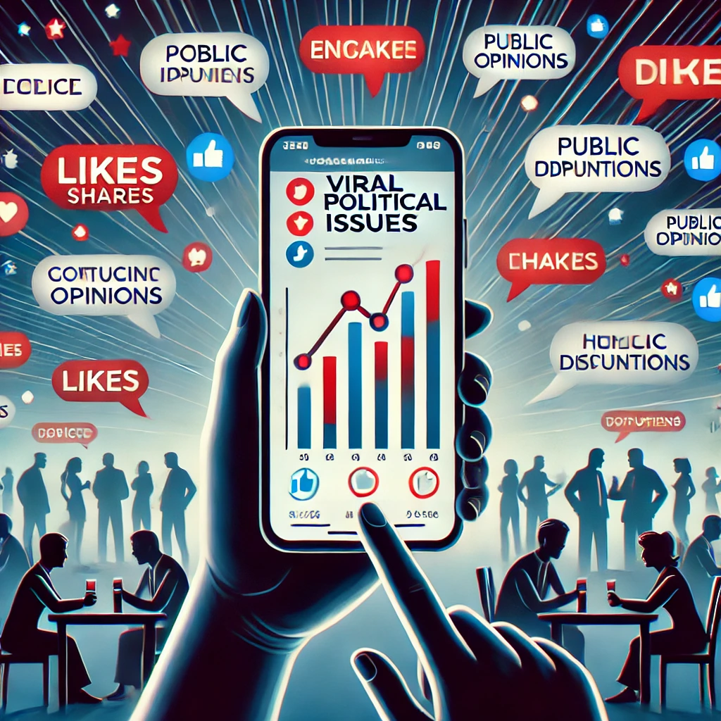 Efek Viral: Ketika Isu Politik Menjadi Trending Topik DALL·E 2025-01-30 16.39.36 – A digital illustration depicting the viral spread of political issues on social media. The image features a smartphone screen displaying trending poli