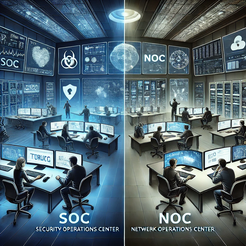 DALL·E 2025-03-08 09.19.56 – A professional illustration comparing SOC (Security Operations Center) and NOC (Network Operations Center). On the left, SOC is depicted with cybersec