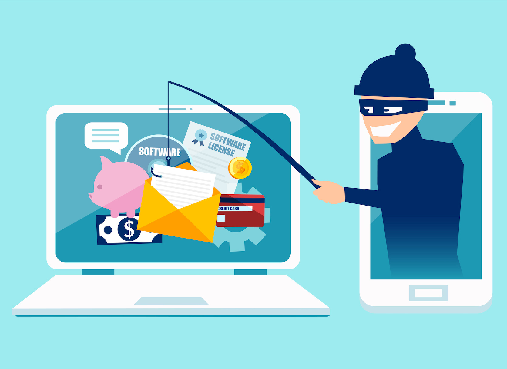 Vector concept of phishing scam, hacker attack and web security