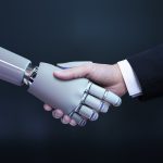 Business hand robot handshake, artificial intelligence digital t