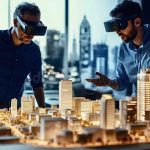 Architects using vr headsets planning future city development project royalty free stock