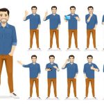 Man in casual outfit set with different gestures isolated